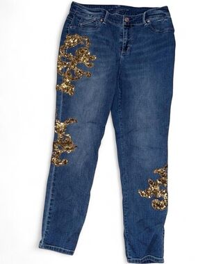 Dark Blue Skinny Jeans with Gold Sequin Appliqué